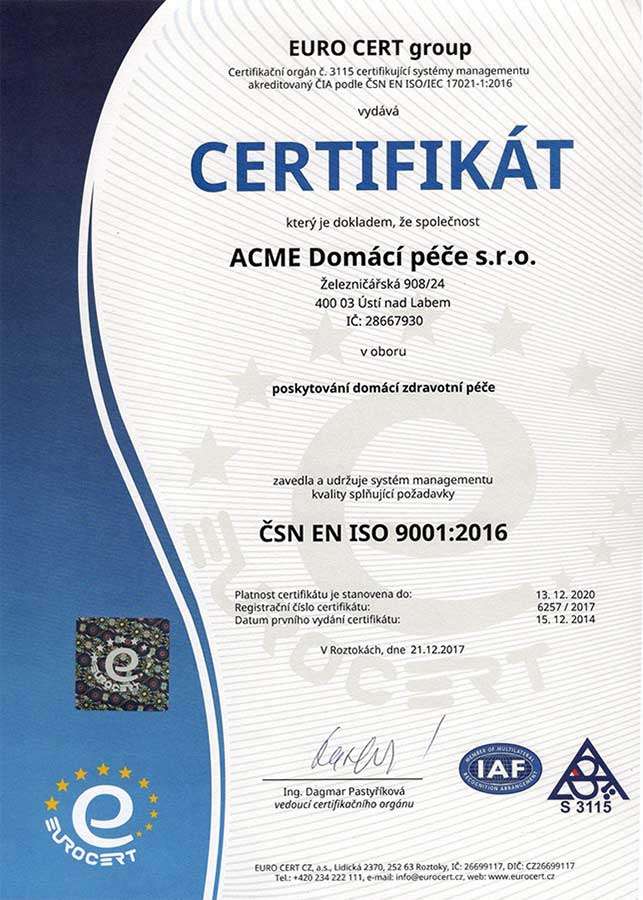 certificat-ISO Certifikát ISO ACME Domácí péče s.r.o. poskytování domácí zdravotní péče
