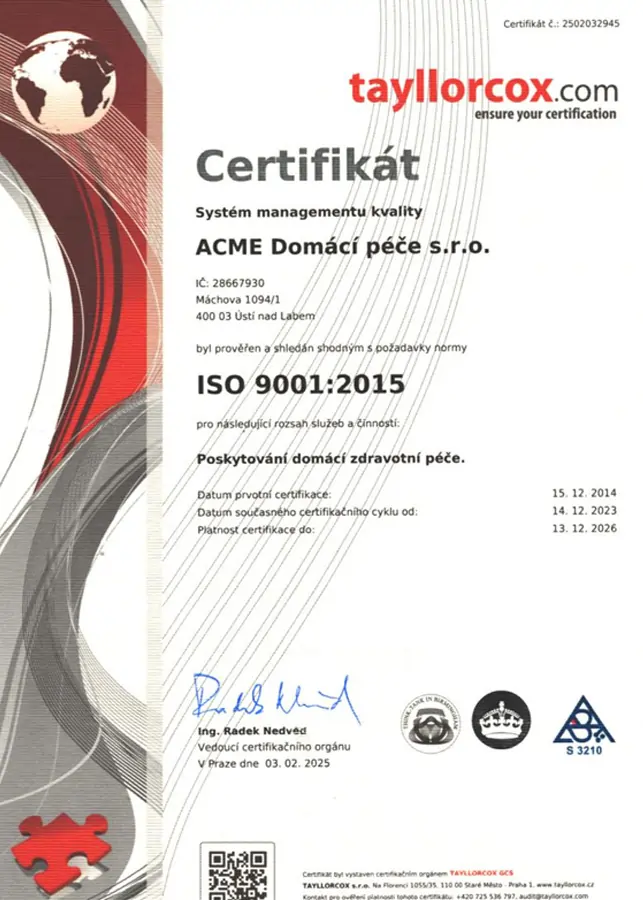 system-kvality Certifikát ISO ACME Domácí péče s.r.o. poskytování domácí zdravotní péče